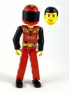 Technic Figure Red Legs, Red Top with Black 'FIRE', Black Arms (Fireman), Red Helmet with Flame, Black Visor - Without Sticker 
