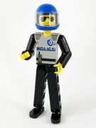 Technic Figure Black Legs, Light Gray Top with Police Pattern, Black Arms, Blue Helmet 