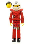 Technic Figure Red Legs, Red Top with Chest Plate, Black Hair, White Helmet - With Stickers 