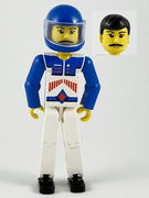 Technic Figure White Legs, White Top with Red Arrow-Type Stripes Pattern, Blue Arms, Blue Helmet 