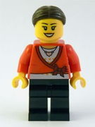 Lego Brand Store Female, Sweater Cropped with Bow, Heart Necklace, Black Legs, Dark Brown Hair with Bun 