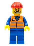 Orange Vest with Safety Stripes - Blue Legs, Moustache, Red Construction Helmet 