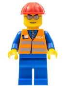 Orange Vest with Safety Stripes - Blue Legs, Silver Glasses, Red Construction Helmet 