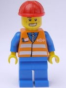 Orange Vest with Safety Stripes - Blue Legs, Cheek Lines and Wide Grin, Red Construction Helmet 