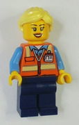 Train Worker - Female, Orange Safety Vest with Badge, Dark Blue Legs, Bright Light Yellow Ponytail and Swept Sideways Fringe 