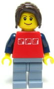 Red Shirt with 3 Silver Logos, Dark Blue Arms, Sand Blue Legs, Dark Brown Hair Ponytail Long with Side Bangs 