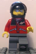 Red Jacket with Zipper Pockets and Classic Space Logo, Dark Bluish Gray Legs, Black Helmet, Silver Sunglasses 