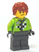 Lime Jacket with Wrench and Black and White Checkered Pattern, Dark Bluish Gray Legs, Dark Orange Hair, Crooked Smile 