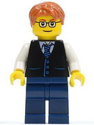 Black Vest with Blue Striped Tie, Dark Blue Legs, White Arms, Dark Orange Short Tousled Hair, Rectangular Glasses 