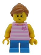 Girl, Bright Pink Striped Top with Cat Head, Dark Azure Short Legs and Medium Nougat Ponytail and Swept Sideways Fringe 