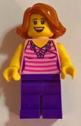 Woman, Striped Pink Shirt with Flower Necklace, Dark Purple Legs, Dark Orange Female Hair Short Swept Sideways 