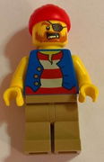 Pirate Man, Striped Red and White Shirt Under Blue Vest, Red Bandana, Left Eye Patch and 3 Gold Teeth, Dark Tan Legs 