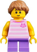 Child Girl with Long Medium Nougat Braid, Bright Pink Striped Cat Shirt and Medium Lavender Legs 