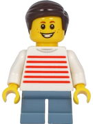 Boy - White Sweater with Red Horizontal Stripes, Sand Blue Short Legs, Dark Brown Hair 