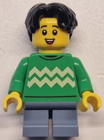 Child - Boy, Bright Green Sweater with Bright Light Yellow Zigzag Lines, Sand Blue Short Legs, Black Hair Wavy, Freckles