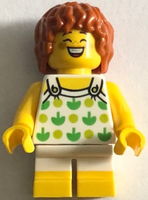 Child - Girl, White Halter Top with Green Apples and Lime Spots, White Short Legs with Yellow Feet, Dark Orange Hair