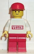 Velux Sticker on White Torso, Red Legs, Red Cap 