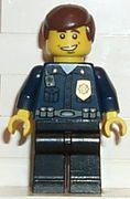 Police - World City Patrolman, Dark Blue Shirt with Badge and Radio, Black Legs, Brown Male Hair, Smile 